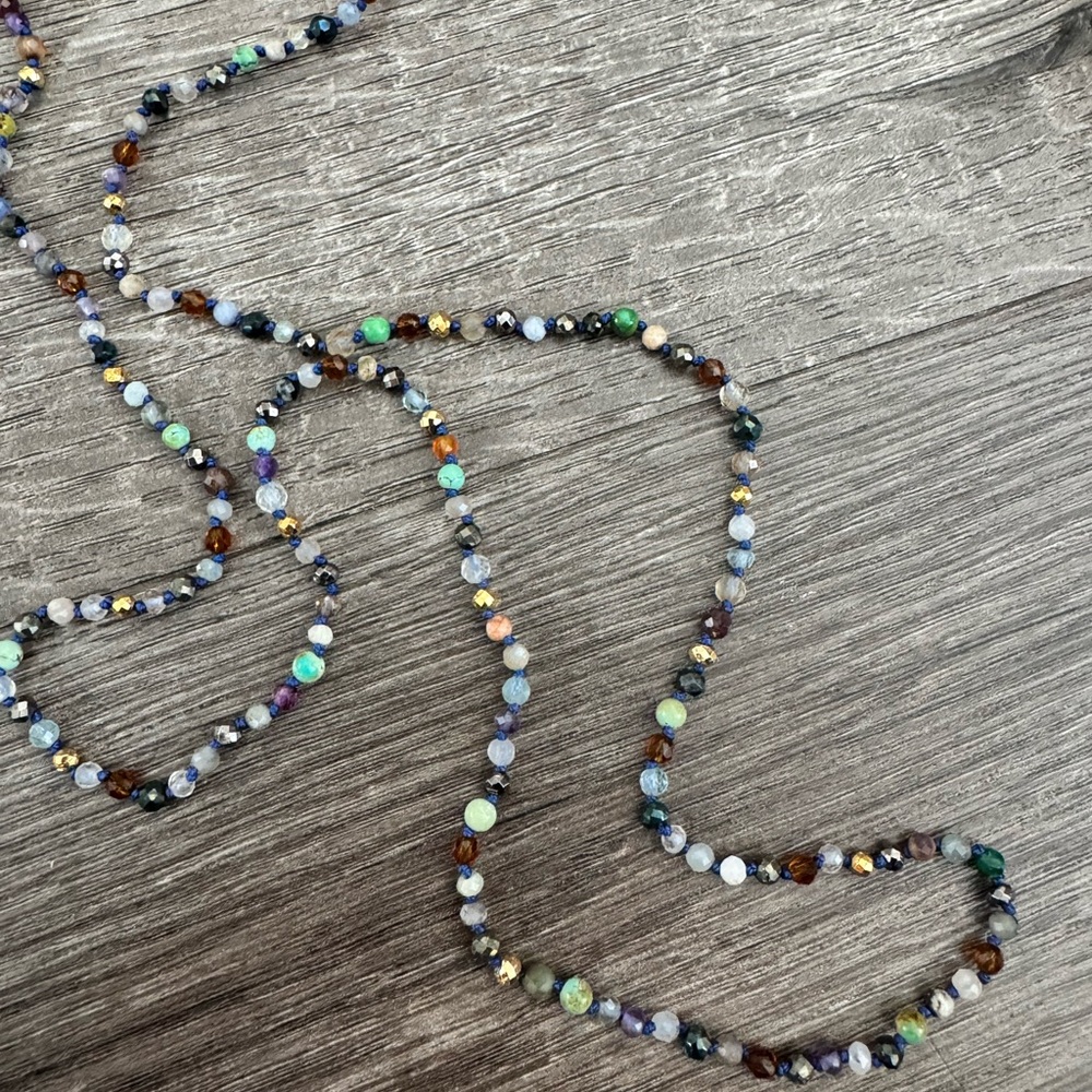 Extra long hand made hand knotted mixed gemstone necklace double layer wrap - Picture 2 of 13